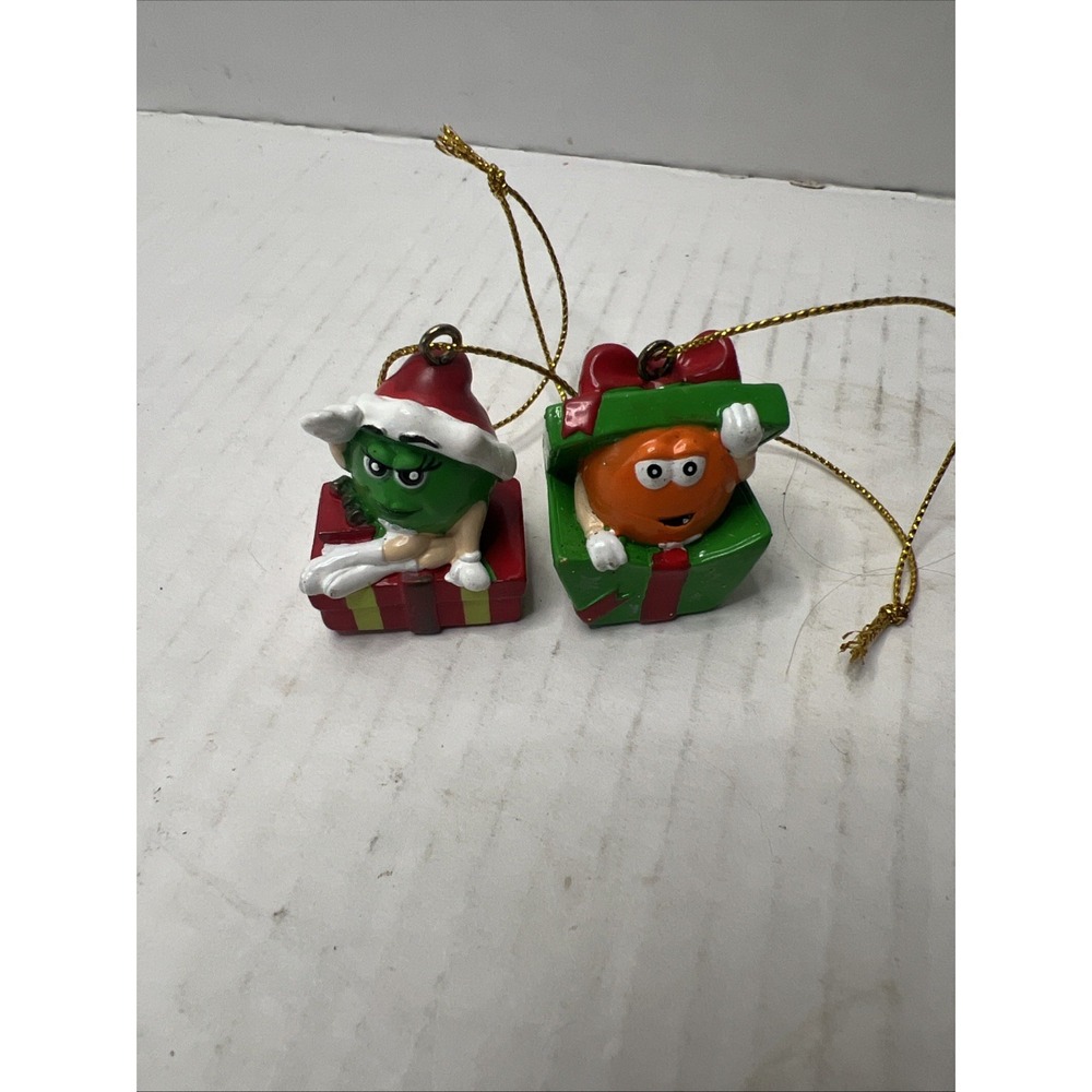 Set Of 2 Vintage Mini M&M's Christmas Ornament Green And Orange M&M Kurt Adler